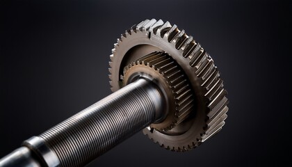 a gear and shaft component likely machinery or mechanical part with a worn and industrial appearance on a dark background