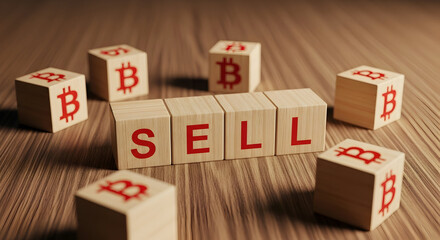 Wooden blocks spelling "sell" surrounded by bitcoin symbol blocks on a wood grain surface suggest a market trend or investment decision regarding cryptocurrency specifically bitcoin trading advice