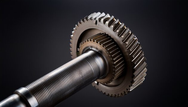 a gear and shaft component likely machinery or mechanical part with a worn and industrial appearance on a dark background