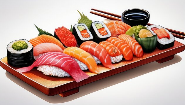 sushi platter combo with assorted nigiri and a roles isolated on white background - Powered by Adobe