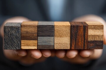 Showcasing a variety of wooden blocks held by hands to highlight craftsmanship and natural materials in a business setting