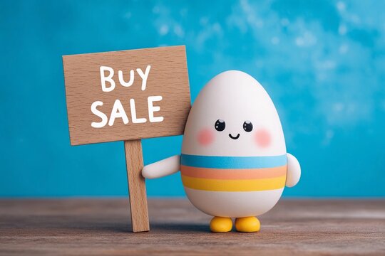 Colorful egg character holding sale sign promotes shopping during festive season
