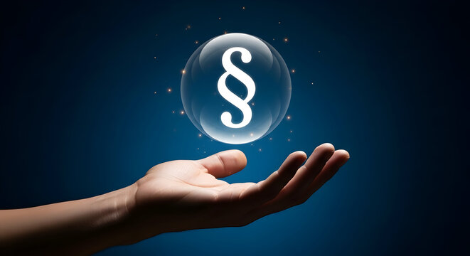 Hand presents a glowing paragraph symbol in a sphere representing law justice and legal services with a modern and ethereal feel on a dark blue background with sparkling lights