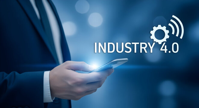 Industry 4.0 concept with a businessman using a smartphone representing the fourth industrial revolution and digital transformation in manufacturing and technology sectors globally