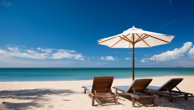 sun loungers and shade umbrella on the beach overlooking the ocean
