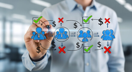Man drawing a business process diagram with team icons dollar signs checkmarks and red crosses on a transparent surface illustrating workflow profit and project management concepts for business strate