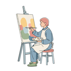 Young artist with short hair painting on a canvas.