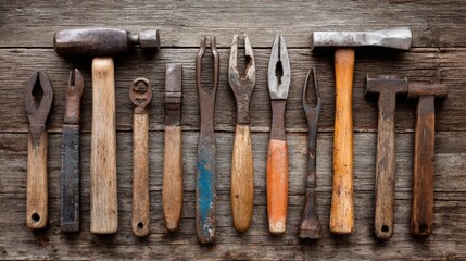 Row of assorted vintage metal hand tools rests upon a rustic wooden surface