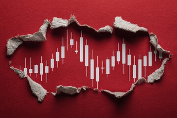Stock market candlestick chart viewed through torn paper on a vibrant red background showcasing trading trends and data