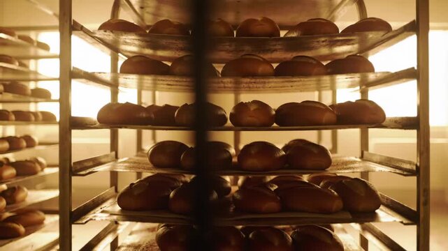 Freshly baked bread rolls on bakery rack. Food, bread, baking, bakery, baked goods, warm lighting.