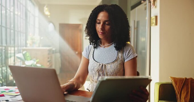 Laptop, typing or woman with tablet in home for remote work, research or proofreading for story deadline. Final review, fact check or freelance editor with digital manuscript, inspect grammar or tech