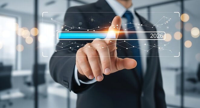 Businessman hand touching futuristic screen displaying progress bar and year 2026 with data graph image