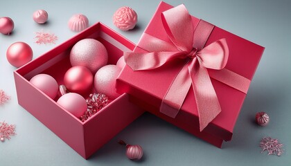 elegant red gift box with pink ribbon and interior decorations