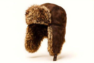 Brown Fur-Lined Trapper Hat Isolated