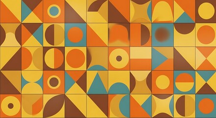 Geometric Abstract: Seamless Tiles Pattern of Squares, Circles, and Triangles in Warm Autumn Colors for Modern Design Projects.
