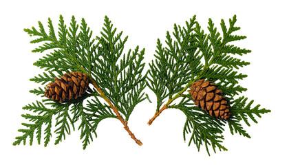 Two cedar branches with green needles and a brown pine cone each, isolated on white background cutout