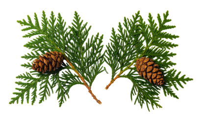 Two cedar branches with green needles and a brown pine cone each, isolated on white background cutout