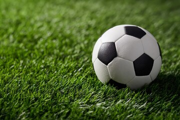 Obraz premium Soccer ball resting on bright green grass ready for play in a sunny afternoon setting