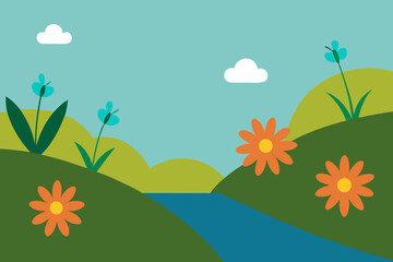 Fototapeta premium Wildflower Covered Riverbank With Dancing Dragonflies