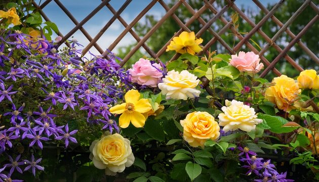 colorful flowers including yellow roses and purple clematis blooming in a garden with a lattice background