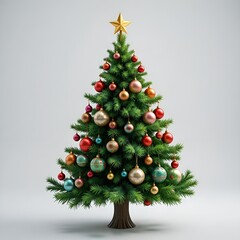 Festive Christmas Tree with Red Ornaments and Green Foliage. 
