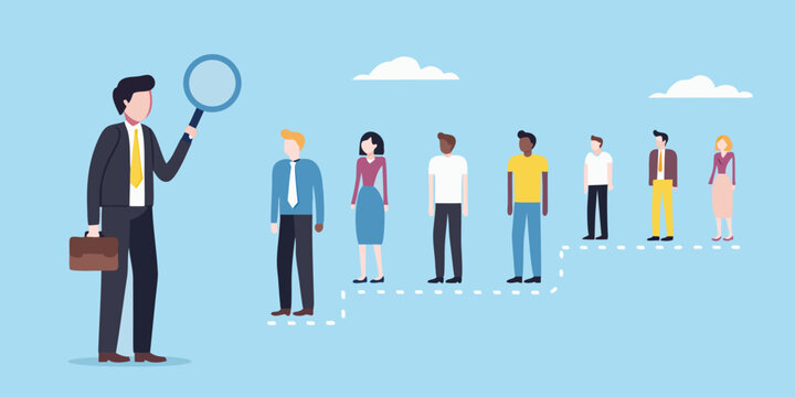 Businessman inspecting diverse group of people with magnifying glass