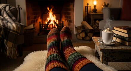 Cozy scene with fireplace burning and comfortable socks indoors setting