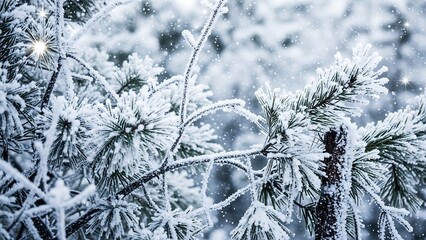 Winters Embrace - A Close-Up of Snow-Covered Pine Branches.