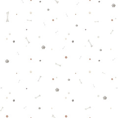 Seamless pattern with abstract circles. Repeat ornament with hand drawn watercolor illustration paw print and dog bones for design and beige grey muted tones for baby design
