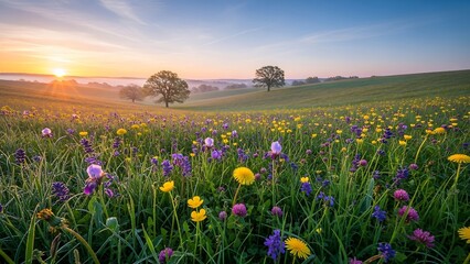 Vibrant wildflower meadow at sunrise with trees in the distance.