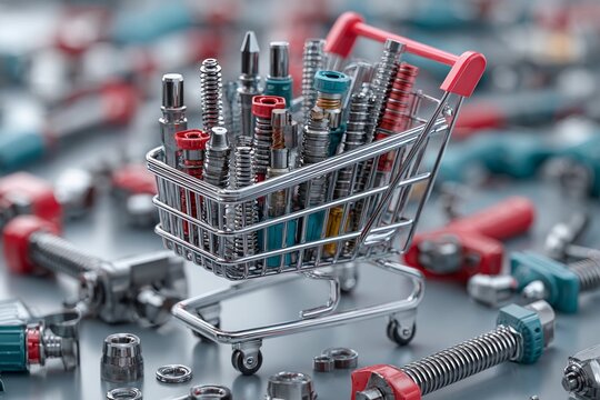 Small shopping cart filled with various metal screws and fasteners in a workshop setting - Powered by Adobe
