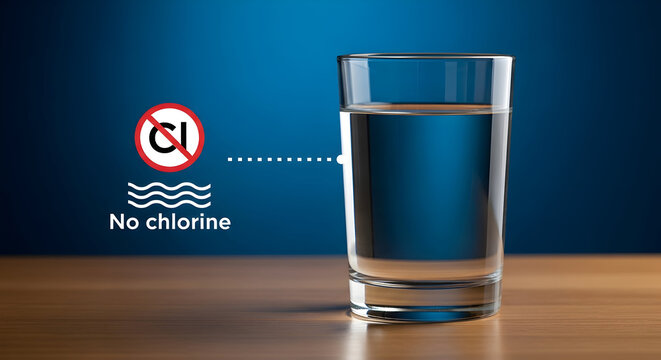 Refreshing glass of chlorinefree water on a wooden surface against a blue background emphasizing purity and health with a clear clean and safe drinking water concept for hydration and wellness