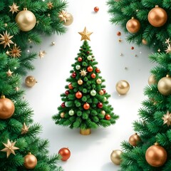 Festive Christmas Tree with Red Ornaments and Green Foliage. 
