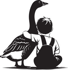 Black vector silhouette illustration of mother and baby duck design