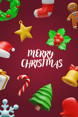 3D Christmas poster with colorful holiday elements including a wreath, stocking, gingerbread man, star ornament, holly berries, Santa hat, candy cane, gifts, bells, snowflakes, a Christmas tree.