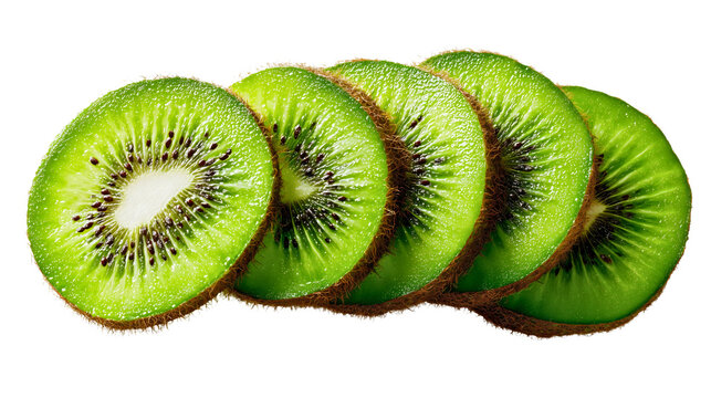 A stack of fresh kiwi slices isolated transparent, cut green fruit pieces, a juicy tropical snack, a healthy organic food ingredient, a raw vegetarian vitamin concept.