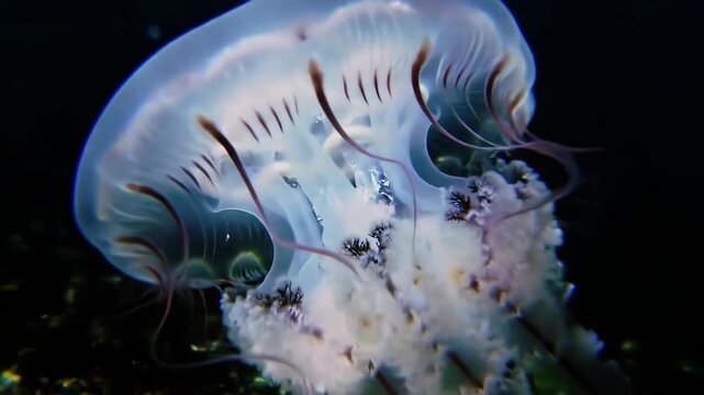 Glowing jellyfish swims in the deep ocean. Underwater world with marine animal.