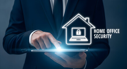 Man in suit uses tablet displaying home office security concept with house laptop and padlock icons emphasizing cybersecurity for remote work and data protection in a professional setting
