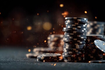Stacked poker chips shine under dim lights in a casino setting, capturing the excitement of gambling