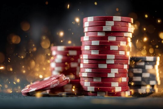 Stacked poker chips with golden bokeh background at a casino table during an evening game night