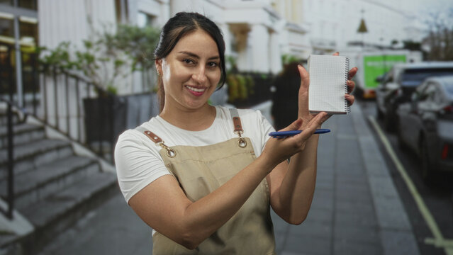 Woman in apron holding a notepad and pen on street, smiling and presenting a blank page to camera; friendly service note.