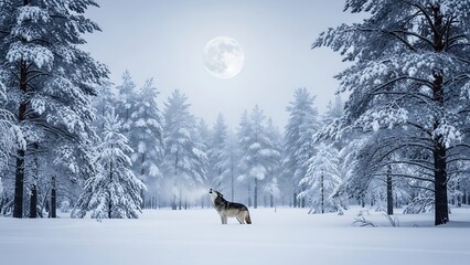 Wolf in a Snowy Winter Forest Under the Moonlight.