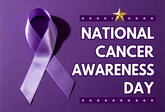 National cancer awareness day text with golden star next to purple ribbon on solid purple background, promoting health