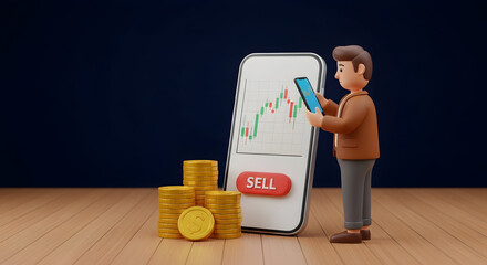 Cartoon investor analyzes stock market data on a mobile phone with gold coins indicating investment decisions and financial analysis for trading and wealth management strategies