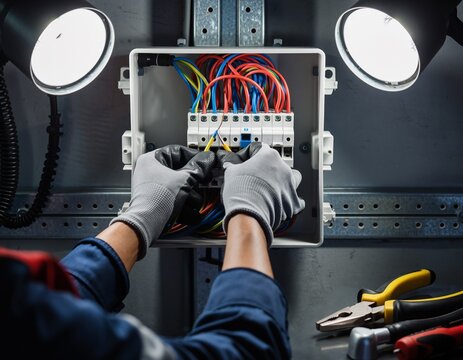 Manos de electricista profesional manipulando cables de colores en una caja de conexiones; herramientas aisladas, luz blanca, estilo fotogr&aacute;fico t&eacute;cnico y n&iacute;tido
