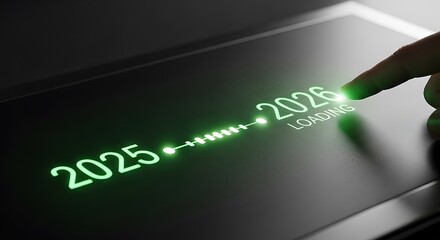Finger touching glowing green 2026 loading bar on dark screen transitioning from 2025 progress bar