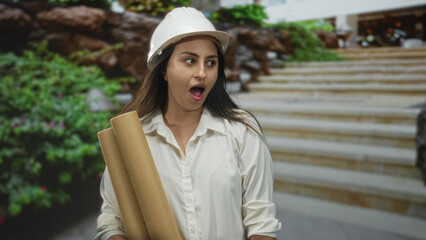 Woman architect wearing hard hat holding rolled plans with mouth open near building; surprise curiosity.