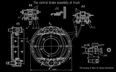 Assembly drawing of truck central brake.
Engineering automotive mechanical blueprint. 
Industrial cad scheme on paper sheet. 
Technology design of machine building industry. 
Machined template.