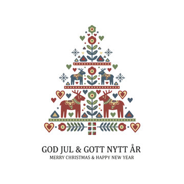 Scandinavian Folk Art Christmas Tree with Dala Horses - God Jul & Gott Nytt &Aring;r Greeting Vector Illustration