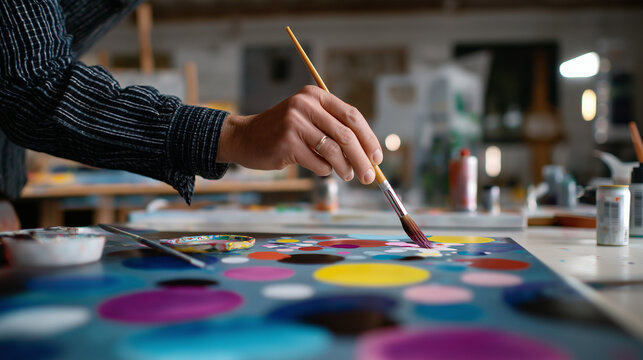 Defocused artist painting with sharp focused colorful abstract hearts and circles on canvas in studio, with copy space